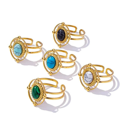 5 Pieces 304 Stainless Steel Retro Inlay Oval Artificial Gemstones Rings