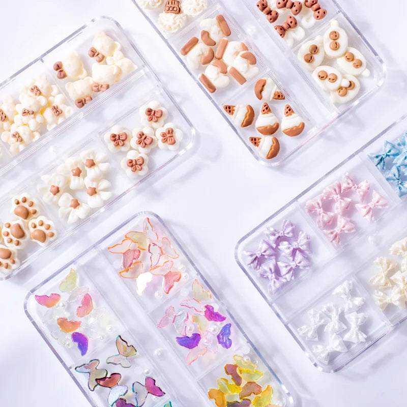 Manicure Butterfly Ornament Long Boxed Crooked Heart Cartoon Bear Bottoming Drill Christmas Bowknot Nail Ornament Ornament Mixed