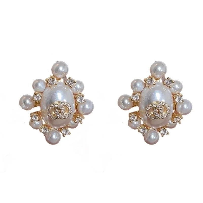Retro Geometric Copper Inlay Artificial Pearls Zircon Ear Studs 1 Pair