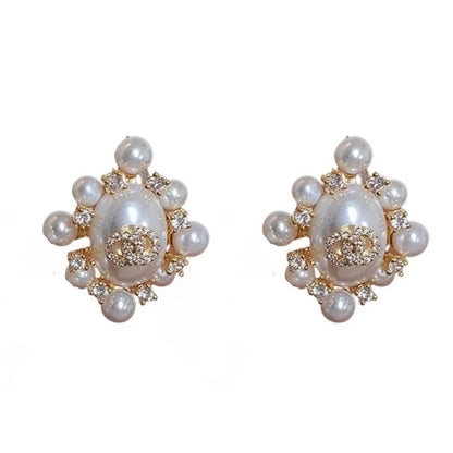 Retro Geometric Copper Inlay Artificial Pearls Zircon Ear Studs 1 Pair
