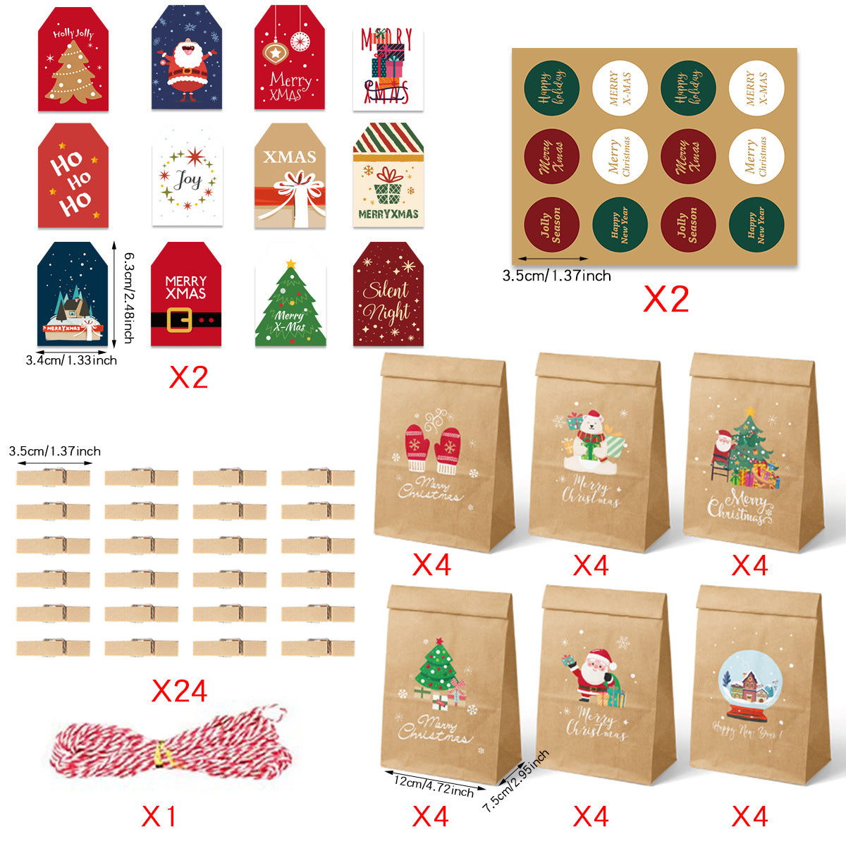 Christmas Gift Bag Christmas Advent Calendar Kraft Paper Gift Bag Christmas Packaging Bag 24 Sets
