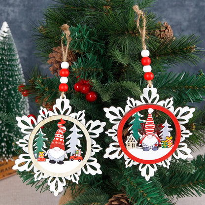 2 Pieces Three-layer Wooden Snowflake Hanging Decoration Faceless Old Man Gnome Christmas Tree Ornament