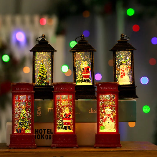2 Pieces Christmas Light-up Water-filled Christmas Lantern Desktop Ornament Santa Claus Interior Scene Telephone Booth Gift