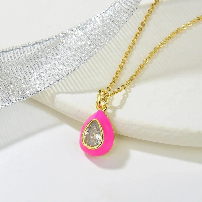 Copper Enamel Inlay Water Droplets Zircon Pendant Necklace