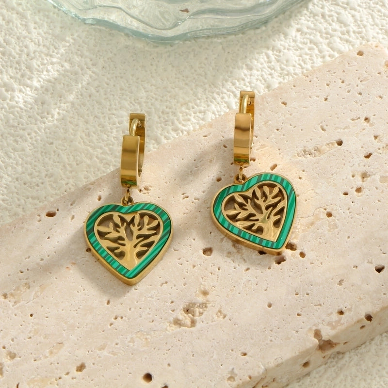 1 Pair Minimalist Heart Shape Life Tree Plating Inlay Titanium Steel Shell 18K Gold Plated Drop Earrings