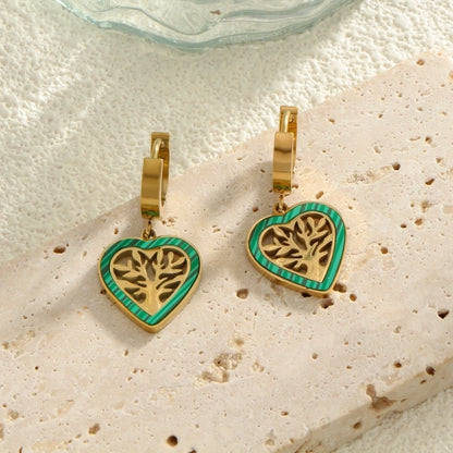 1 Pair Minimalist Heart Shape Life Tree Plating Inlay Titanium Steel Shell 18K Gold Plated Drop Earrings