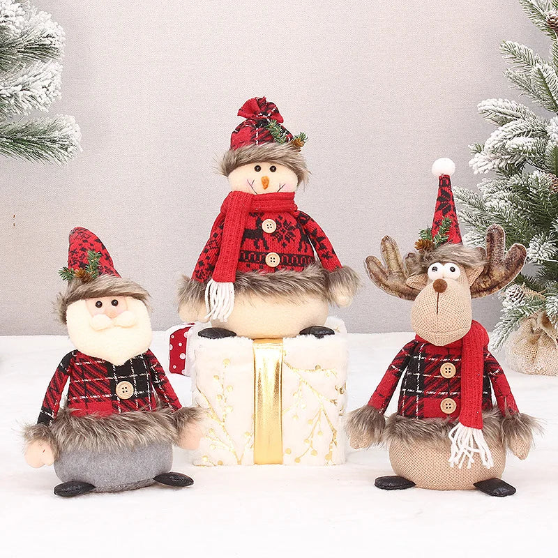 2 Pieces Christmas Stretchable Doll Red Plaid Fabric Doll Gift Elderly Snowman Mall Decoration Ornament Decoration Supplies