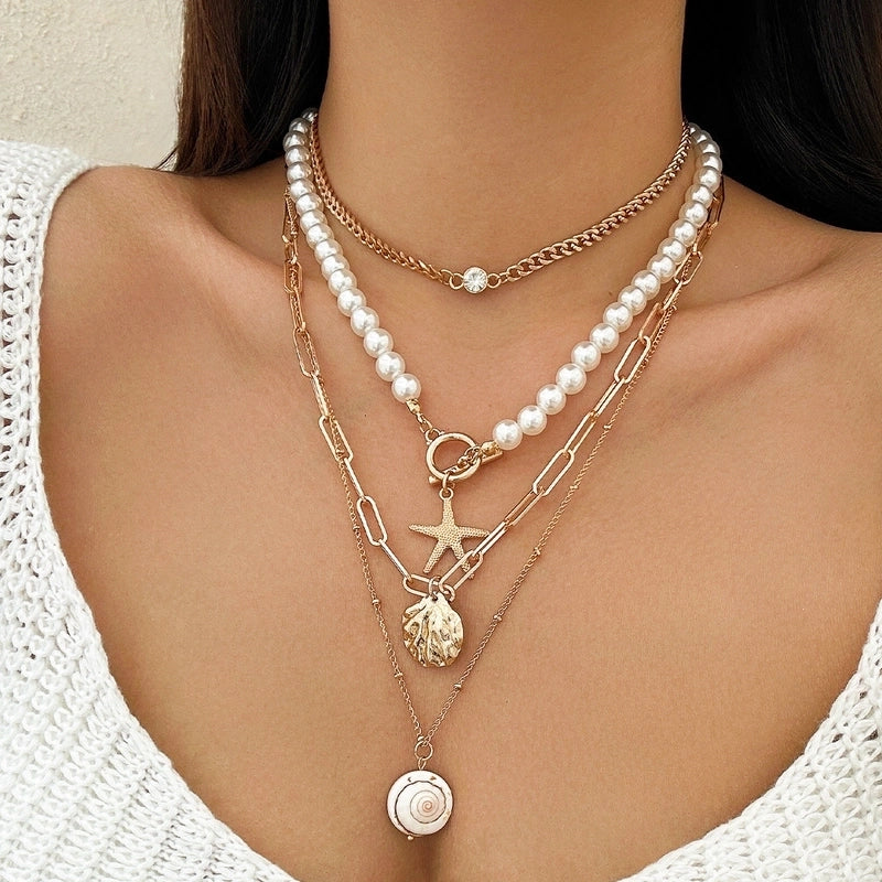 Marine Style Starfish Shell Imitation Pearl Alloy Copper Pendant Necklace