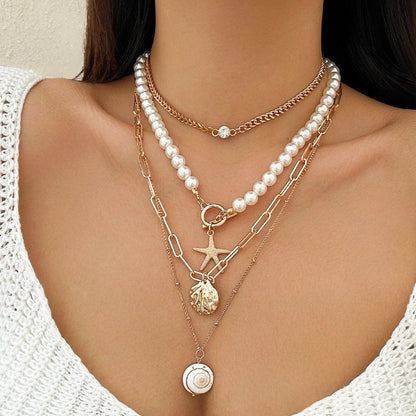 Marine Style Starfish Shell Imitation Pearl Alloy Copper Pendant Necklace