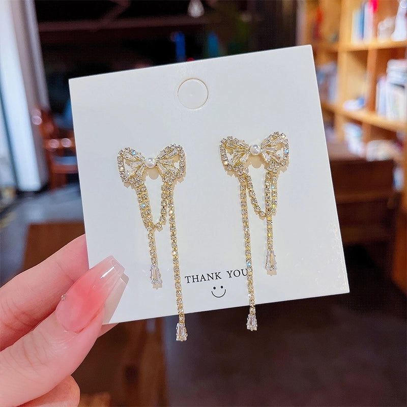 Fashion Heart Shape Bow Knot Copper Inlay Zircon Drop Earrings 1 Pair