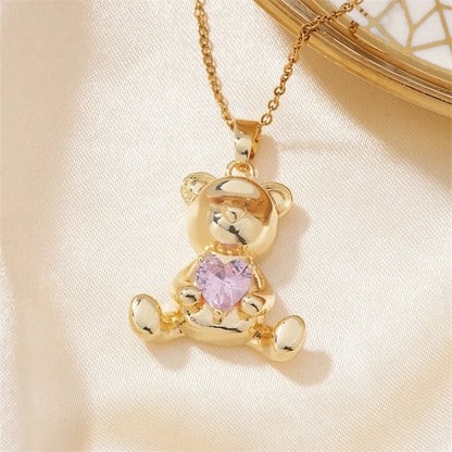 304 Stainless Steel Copper K Gold Plated Cute Sweet Korean Style Three-dimensional Inlay Little Bear Zircon Pendant Necklace