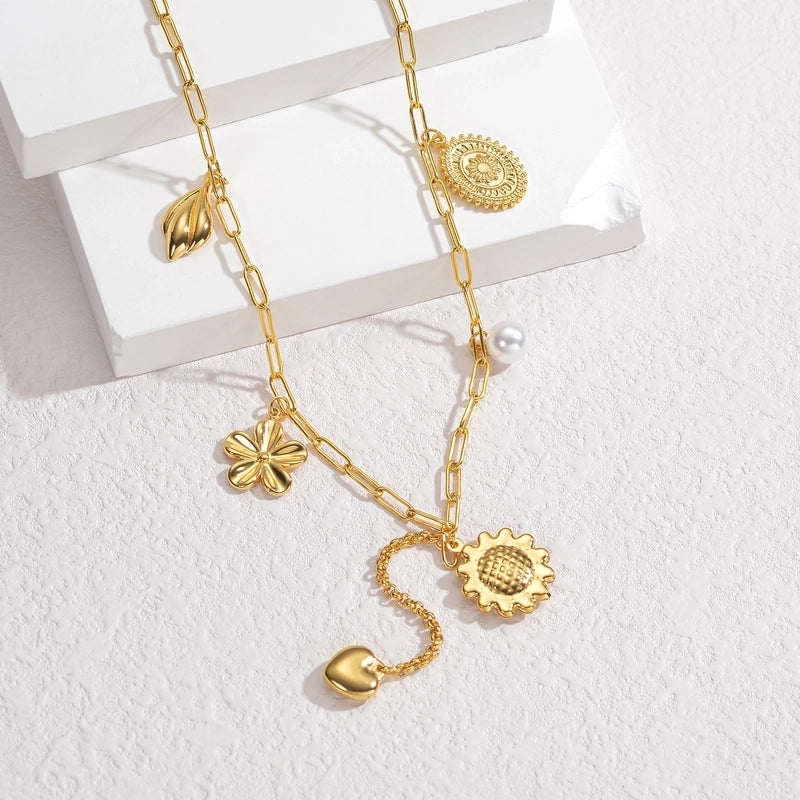 IG Style Minimalist Animal Heart Shape Flower 304 Stainless Steel 18K Gold Plated Multi Charms Pearl Multi Charms Necklace