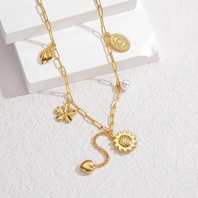 IG Style Minimalist Animal Heart Shape Flower 304 Stainless Steel 18K Gold Plated Multi Charms Pearl Multi Charms Necklace