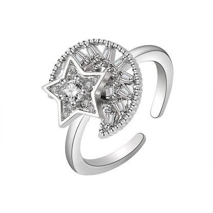 Fashion Golden Star Moon Zircon Rotating Copper Open Ring
