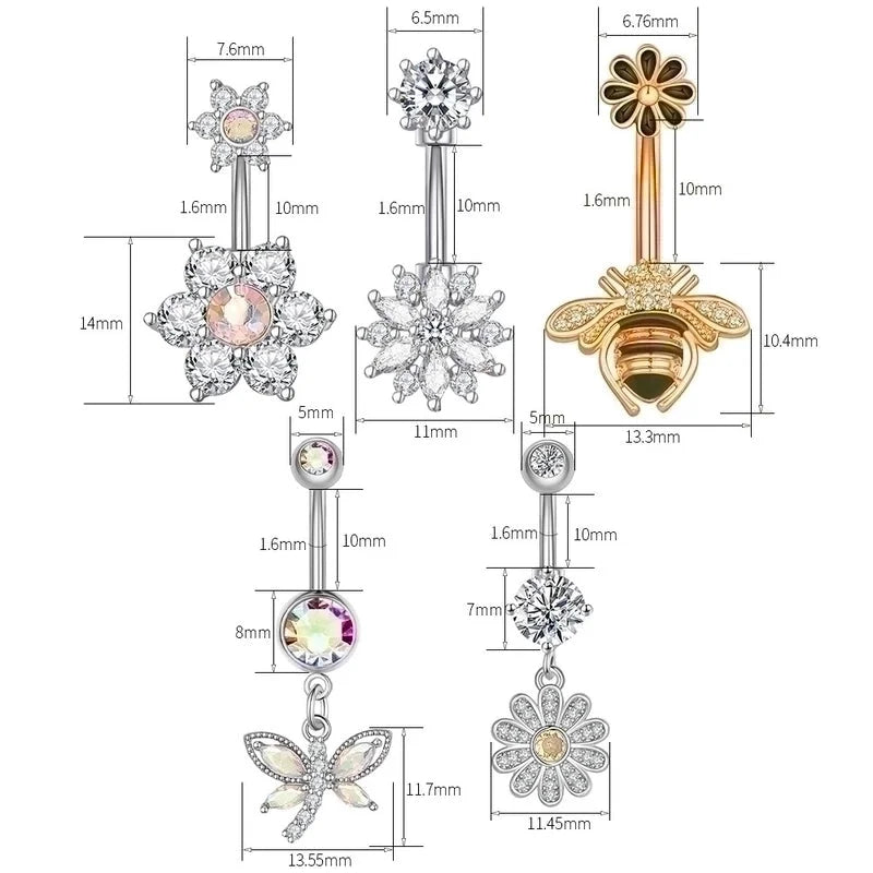 Fashion Flower Bee Stainless Steel Plating Artificial Gemstones Belly Ring