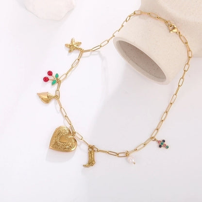 Vintage Style Classic Style Cross Cherry Fish Tail 304 Stainless Steel Rhinestones 18K Gold Plated Asymmetrical Multi Charms Necklace