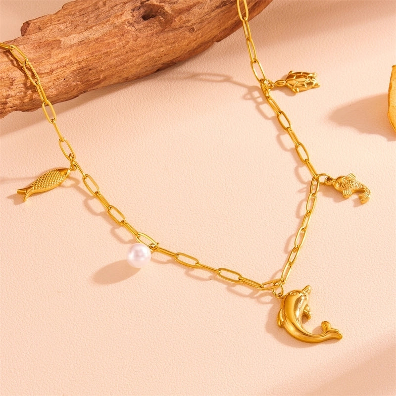 Cute Sweet Star Bow Knot Shell Titanium Steel Pearl 18K Gold Plated Hollow Out Inlay Pendant Necklace