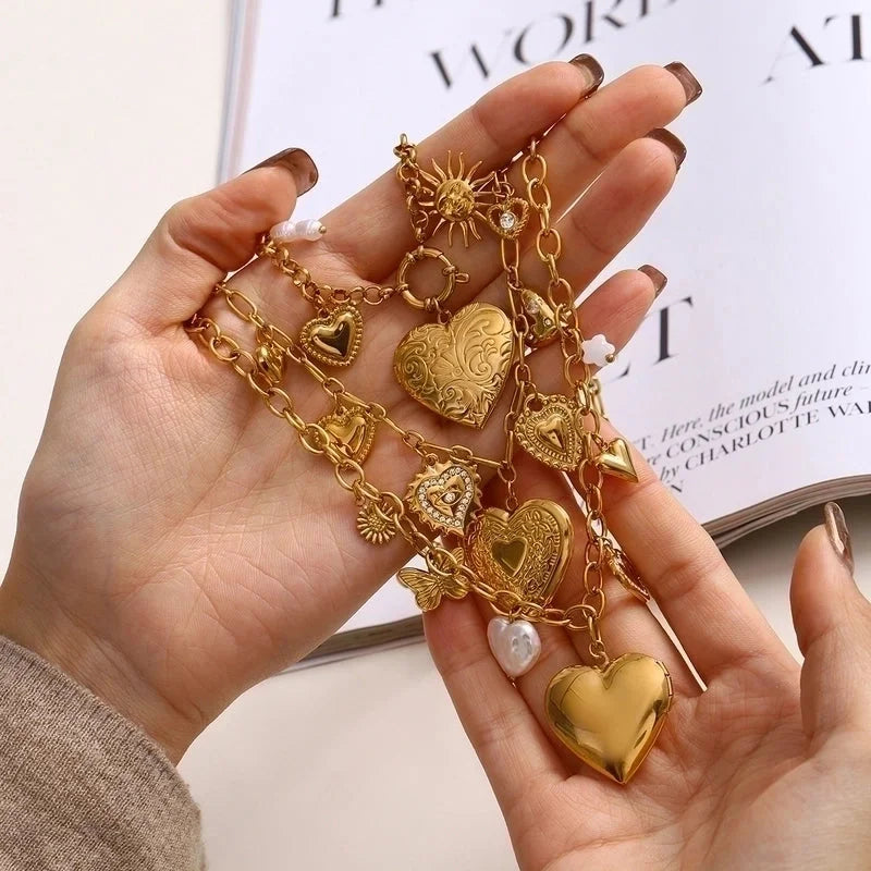 Minimalist Classic Style Sun Heart Shape Butterfly 304 Stainless Steel Zircon 18K Gold Plated Pearl Inlay Multi Charms Necklace