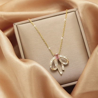 2 Pieces Vintage Style Heart Shape Flower Bow Knot Titanium Steel Copper Tassel Plating Inlay Zircon Pendant Necklace