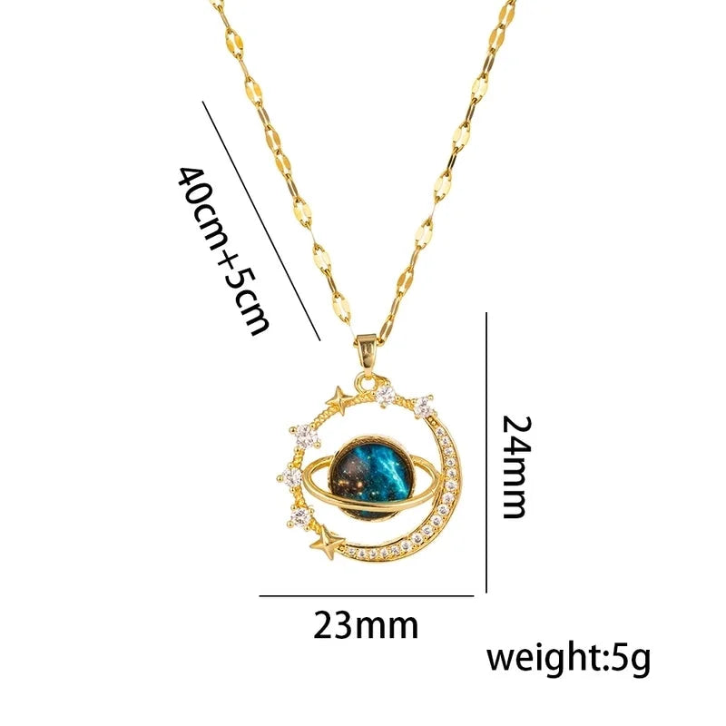 Titanium Steel 18K Gold Plated Casual Minimalist Inlay Star Moon Planet Moonstone Zircon Pendant Necklace