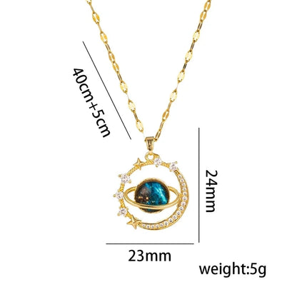 Titanium Steel 18K Gold Plated Casual Minimalist Inlay Star Moon Planet Moonstone Zircon Pendant Necklace