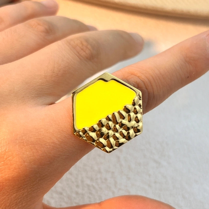 Casual Retro Hexagon 304 Stainless Steel 18K Gold Plated Enamel Open Rings