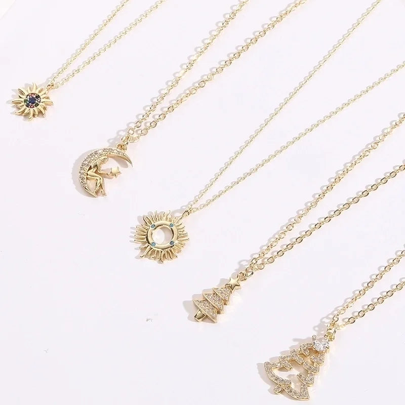 Copper Gold Plated Christmas Tree Sun Moon Zircon Pendant Necklace