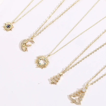 Copper Gold Plated Christmas Tree Sun Moon Zircon Pendant Necklace