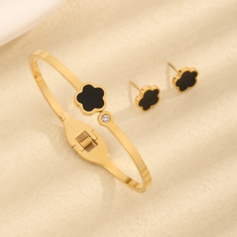 Vintage Style Minimalist Flower 304 Stainless Steel Acrylic Zircon 18K Gold Plated Inlay Jewelry Set
