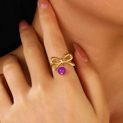 Sweet Minimalist Cherry Bow Knot 304 Stainless Steel Rings Earrings