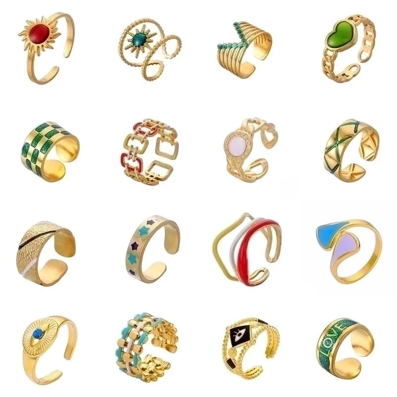 Minimalist Love Heart Shape Eye 304 Stainless Steel Rhinestones 18K Gold Plated Enamel Plating Inlay Open Rings