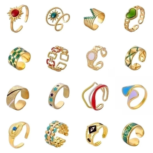 Minimalist Love Heart Shape Eye 304 Stainless Steel Rhinestones 18K Gold Plated Enamel Plating Inlay Open Rings