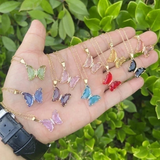 Stainless Steel Glass Copper 18K Gold Plated Cute Butterfly No Inlaid Pendant Necklace