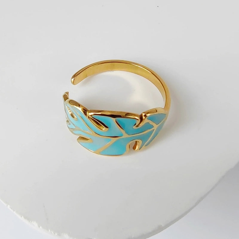 3 Pieces Casual Minimalist Leaves Eye 304 Stainless Steel 18K Gold Plated Enamel Hollow Out Open Rings