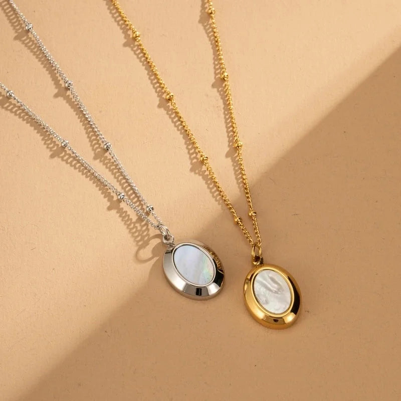 Casual Minimalist Oval Titanium Steel Shell Inlay Pendant Necklace