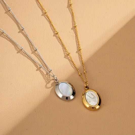 Casual Minimalist Oval Titanium Steel Shell Inlay Pendant Necklace