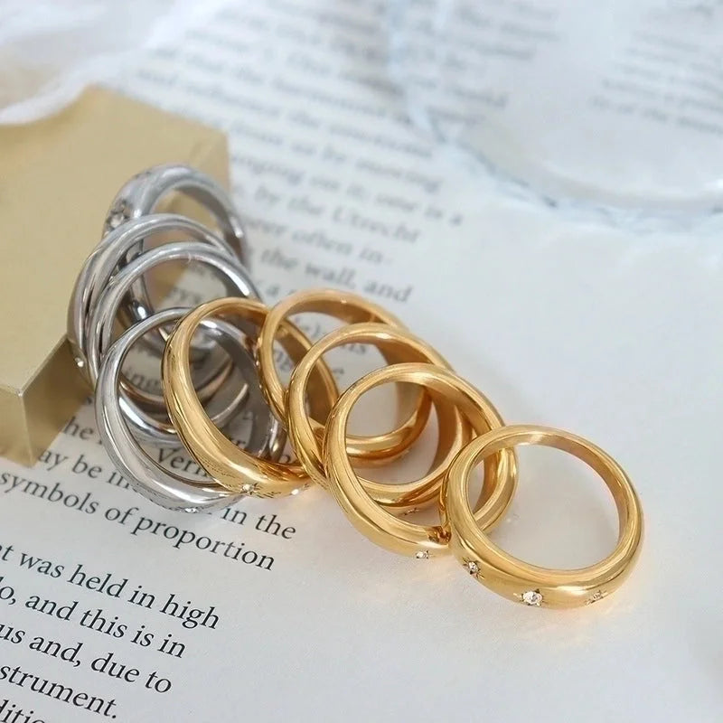 Fashion Star 304 Stainless Steel Zircon 18K Gold Plated Plating Inlay Rings