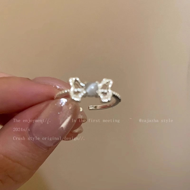 Minimalist Heart Shape Flower Bow Knot Copper Inlay Artificial Pearls Opal Zircon Rings