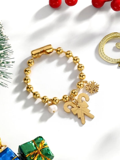 Casual Elegant Lady Santa Claus 304 Stainless Steel Freshwater Pearl 24K Gold Plated Freshwater Pearl Beaded Chain Bracelets In Bulk Christmas