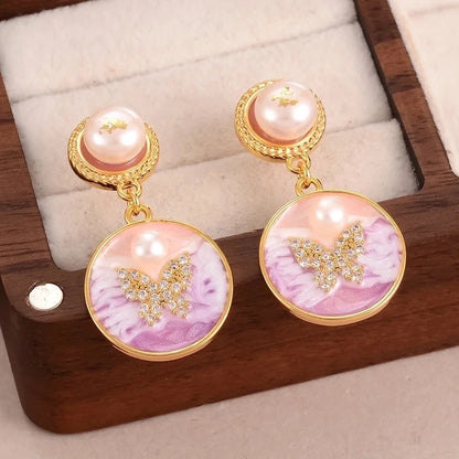 1 Pair Minimalist Classic Style Flower Butterfly Enamel Inlay Alloy Copper Natural Pearl Zircon Drop Earrings