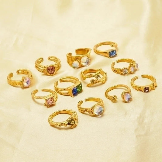 Stainless Steel 18K Gold Plated Elegant Retro Plating Inlay Round Square Luminous Stone Rhinestones Zircon Open Ring