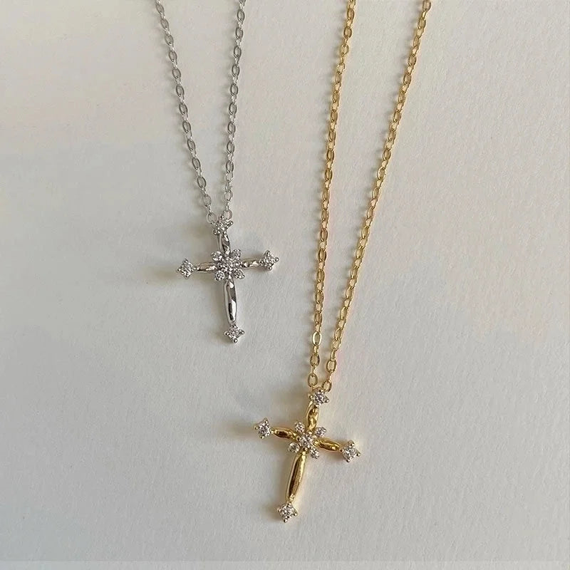 Minimalist Cross Titanium Steel Copper Zircon Pendant Necklace In Bulk
