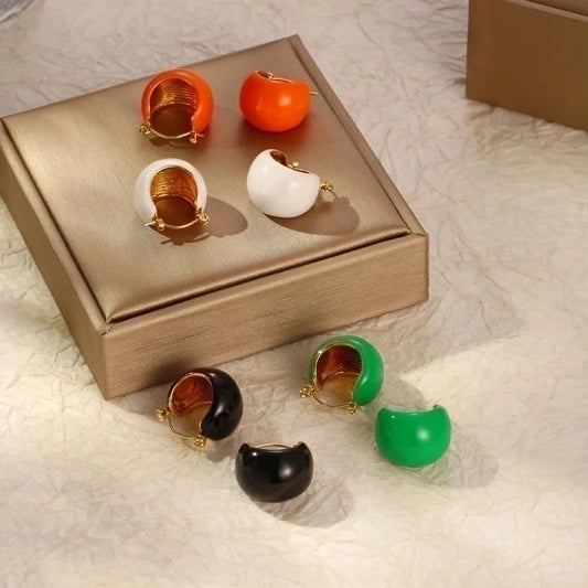 1 Pair Minimalist Geometric Solid Color Enamel 304 Stainless Steel 18K Gold Plated Hoop Earrings