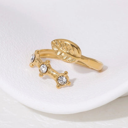 IG Style French Style Modern Style Leaves 304 Stainless Steel Artificial Rhinestones 18K Gold Plated Inlay Open Rings