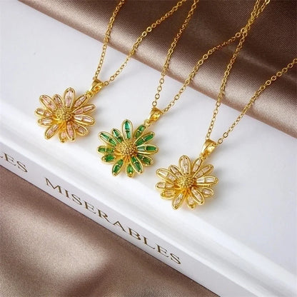 Titanium Steel Copper Sweet Shiny Plating Inlay Flower Zircon Pendant Necklace