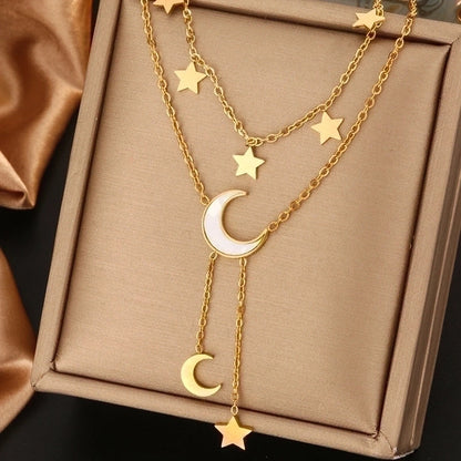 Vintage Style Commute Devil\'s Eye Star Moon 304 Stainless Steel Turquoise Rhinestones Shell 18K Gold Plated Plating Inlay Layered Necklaces