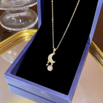 Elegant Classic Style Geometric Moon Bow Knot Titanium Steel Zircon Pendant Necklace