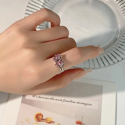 Sweet Geometric Heart Shape Bow Knot Copper Plating Inlay Zircon Open Rings