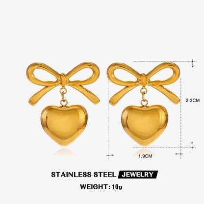 1 Pair Sweet Minimalist Heart Shape Bow Knot Polishing Pearl 304 Stainless Steel Artificial Pearls 18K Gold Plated Drop Earrings