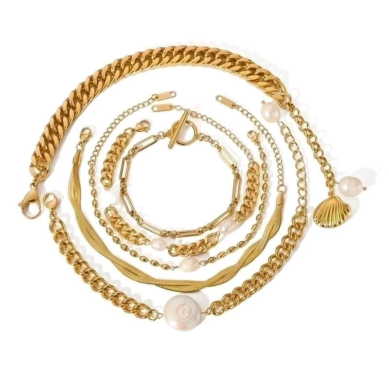 Retro Geometric Stainless Steel 18K Gold Plated Freshwater Pearl Bracelets In Bulk